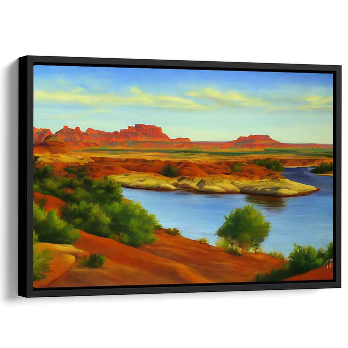 Riverside Adventure: Tranquil River and Rugged Terrain Landscape Canvas Art