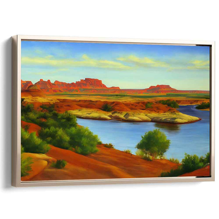 Riverside Adventure: Tranquil River and Rugged Terrain Landscape Canvas Art