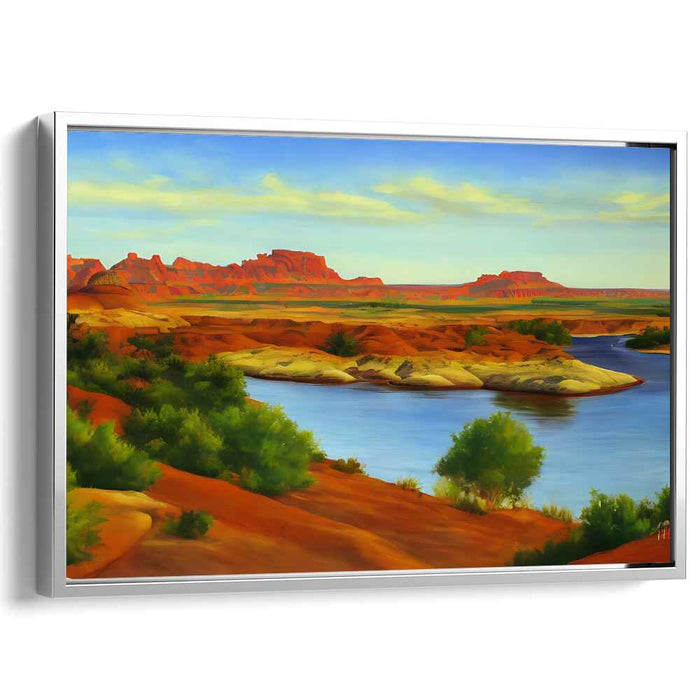 Riverside Adventure: Tranquil River and Rugged Terrain Landscape Canvas Art