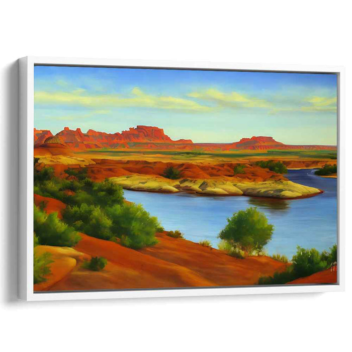 Riverside Adventure: Tranquil River and Rugged Terrain Landscape Canvas Art