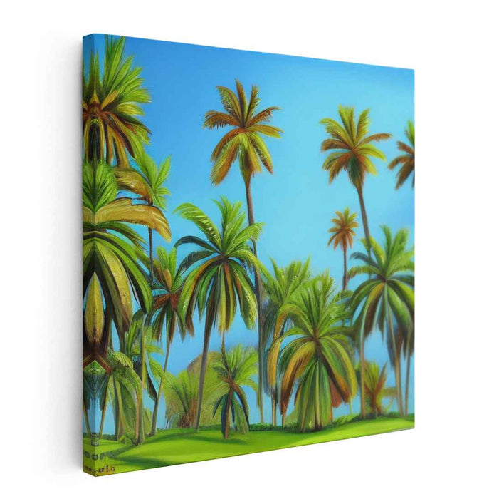 Tropical Breeze Canopy: Palm Trees Under a Clear Blue Sky Canvas Art