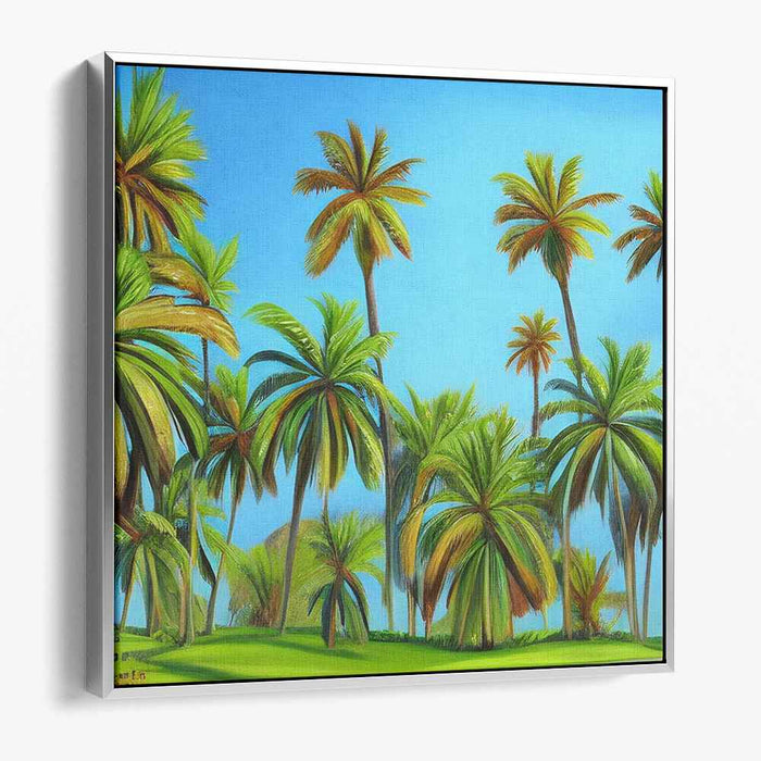 Tropical Breeze Canopy: Palm Trees Under a Clear Blue Sky Canvas Art