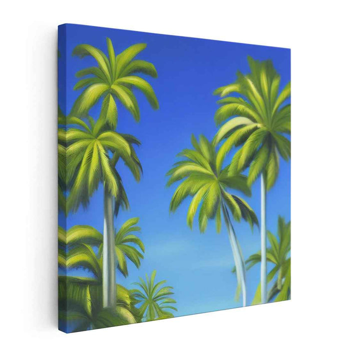 Tropic Mist: Vibrant Palm Trees Against Azure Sky Canvas Art Print