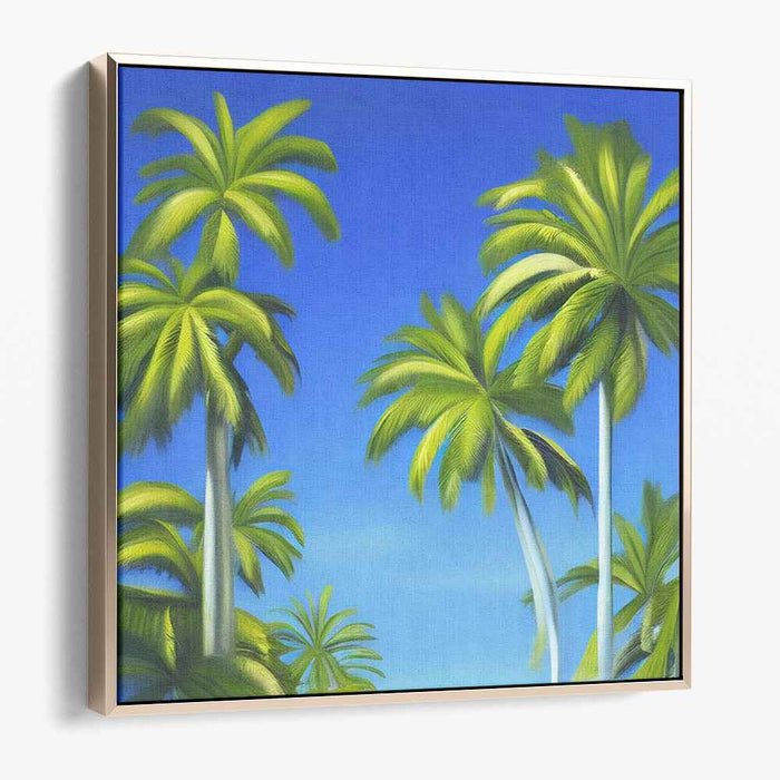 Tropic Mist: Vibrant Palm Trees Against Azure Sky Canvas Art Print