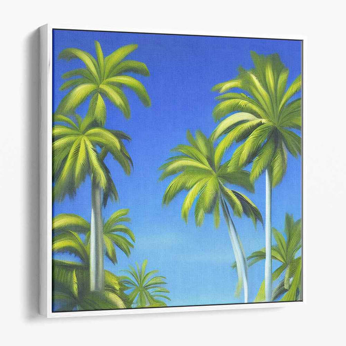 Tropic Mist: Vibrant Palm Trees Against Azure Sky Canvas Art Print