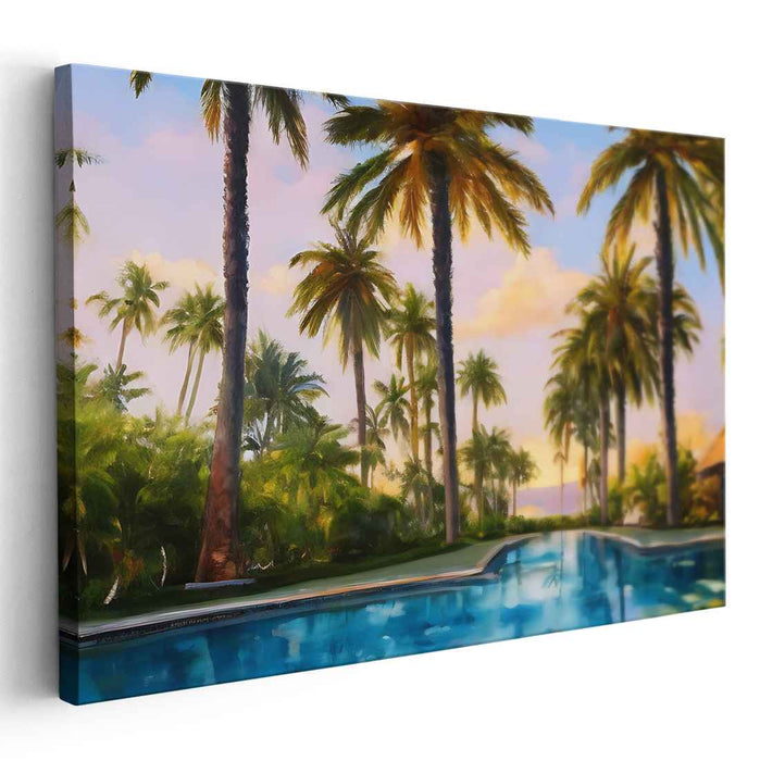 Tropical Tranquility Retreat: Palm-Lined Poolside Canvas Art Print