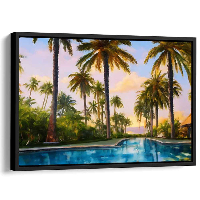 Tropical Tranquility Retreat: Palm-Lined Poolside Canvas Art Print