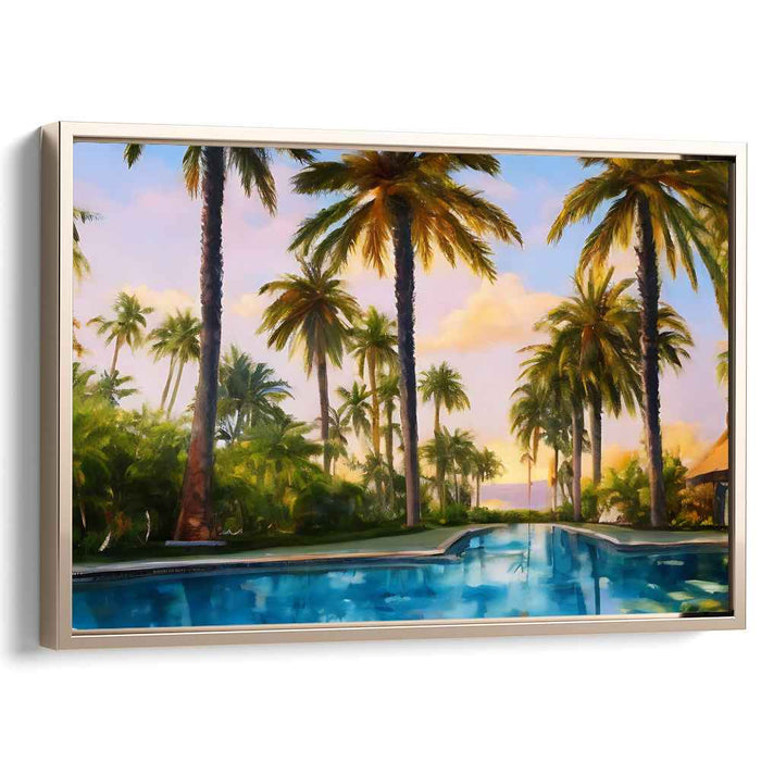 Tropical Tranquility Retreat: Palm-Lined Poolside Canvas Art Print