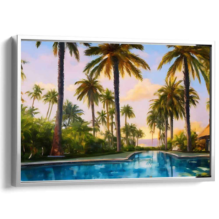 Tropical Tranquility Retreat: Palm-Lined Poolside Canvas Art Print