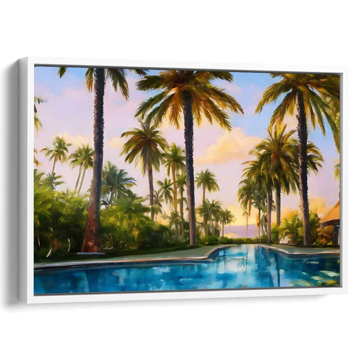 Tropical Tranquility Retreat: Palm-Lined Poolside Canvas Art Print