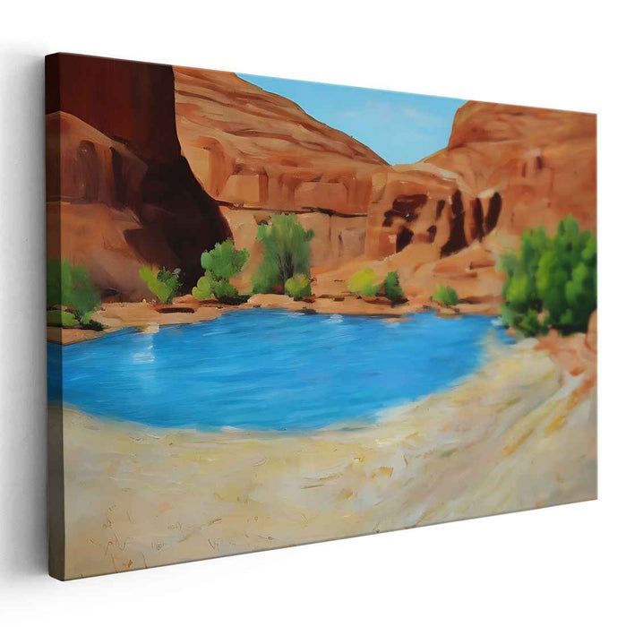 Canyon's Calm Reflections: Tranquil Blue Pond Amidst Rugged Canyon Walls