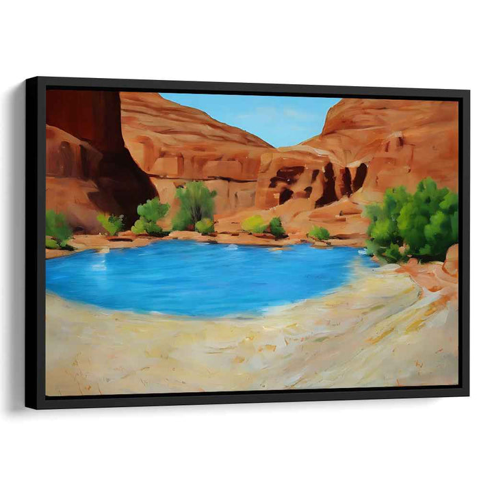 Canyon's Calm Reflections: Tranquil Blue Pond Amidst Rugged Canyon Walls