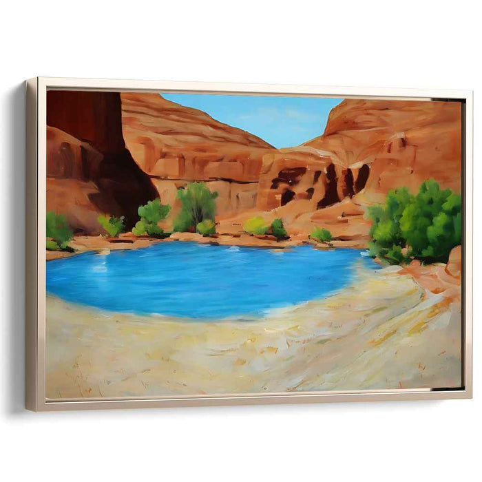 Canyon's Calm Reflections: Tranquil Blue Pond Amidst Rugged Canyon Walls