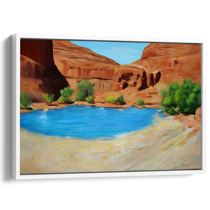Canyon's Calm Reflections: Tranquil Blue Pond Amidst Rugged Canyon Walls
