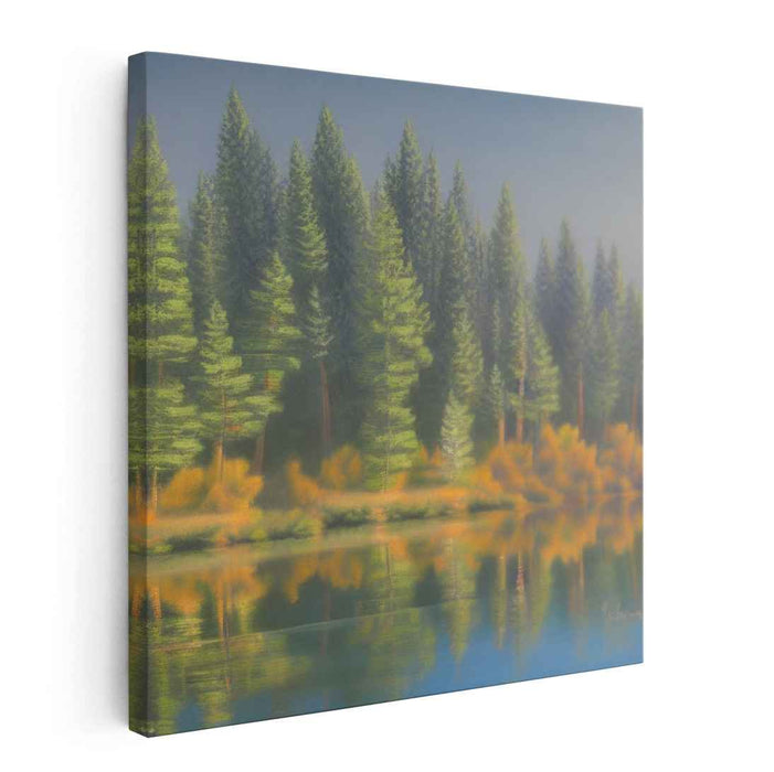 Enigmatic Waterside Enclave: Majestic Forest Lakeside Canvas Art