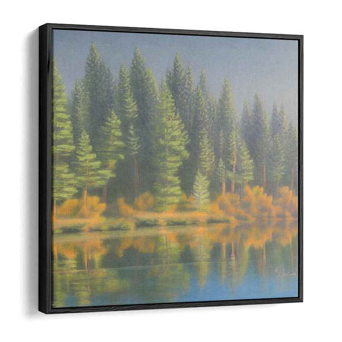 Enigmatic Waterside Enclave: Majestic Forest Lakeside Canvas Art