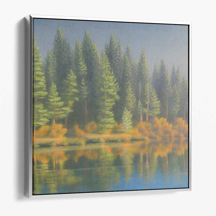 Enigmatic Waterside Enclave: Majestic Forest Lakeside Canvas Art