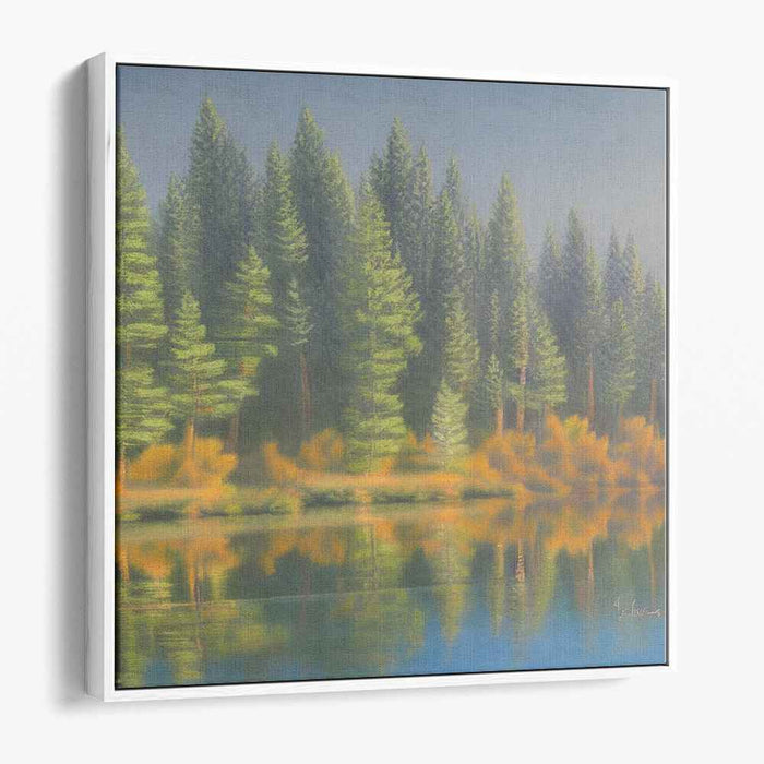 Enigmatic Waterside Enclave: Majestic Forest Lakeside Canvas Art