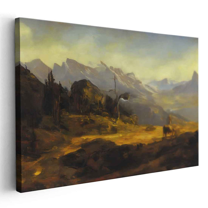 Tender Twilight Gaze: Romantic Bison at Dusk Landscape Canvas Art