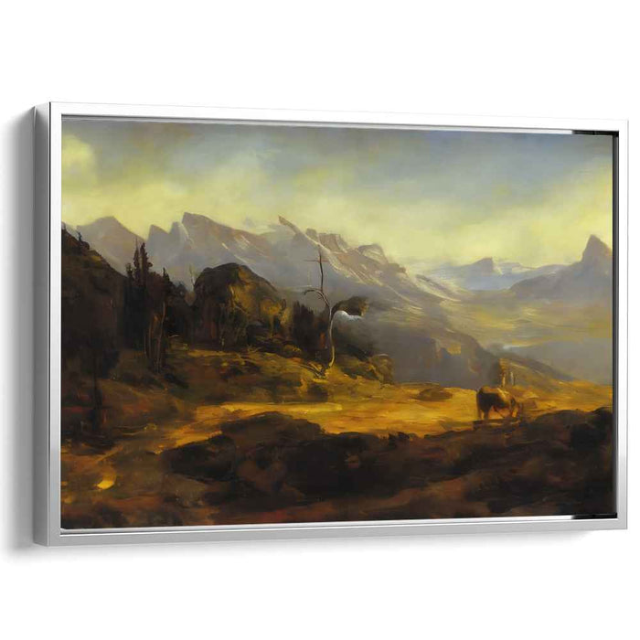 Tender Twilight Gaze: Romantic Bison at Dusk Landscape Canvas Art