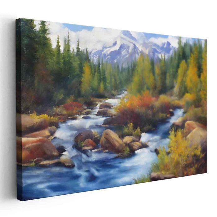 Mountain Stream Reverie: Serene Landscape with Flowing River and Autumn Trees Canvas Art