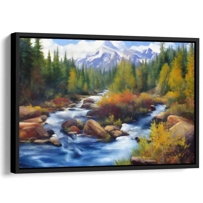 Mountain Stream Reverie: Serene Landscape with Flowing River and Autumn Trees Canvas Art