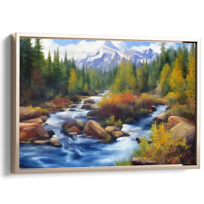 Mountain Stream Reverie: Serene Landscape with Flowing River and Autumn Trees Canvas Art