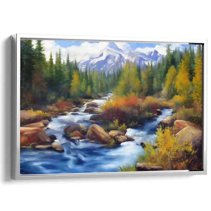 Mountain Stream Reverie: Serene Landscape with Flowing River and Autumn Trees Canvas Art