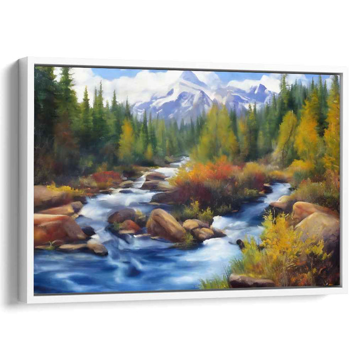 Mountain Stream Reverie: Serene Landscape with Flowing River and Autumn Trees Canvas Art