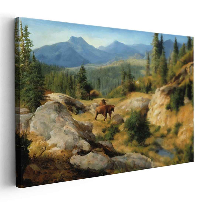 Tranquil Grazing: Majestic Mountain Landscape with Horses Canvas Art Print