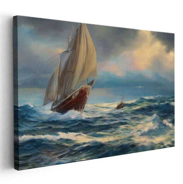 Tempest's Voyage: Dramatic Seascape with Sailing Ships Canvas Art Print