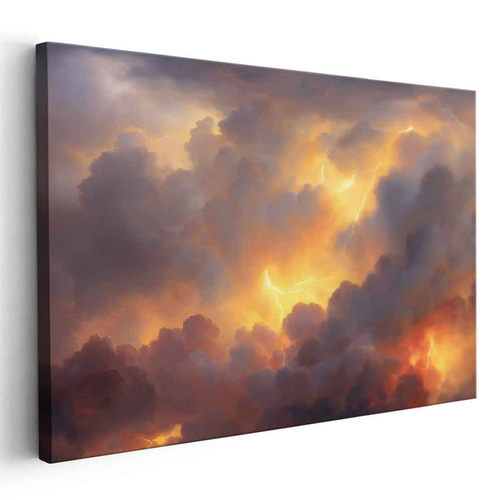 Electrified Atmosphere: Dramatic Lightning and Fiery Clouds Canvas Art Print