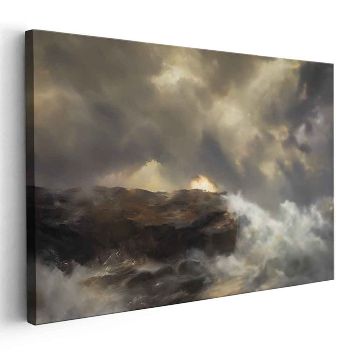 Ocean's Drama Unfolds: Dramatic Seascape with Sunlit Horizon Canvas Art