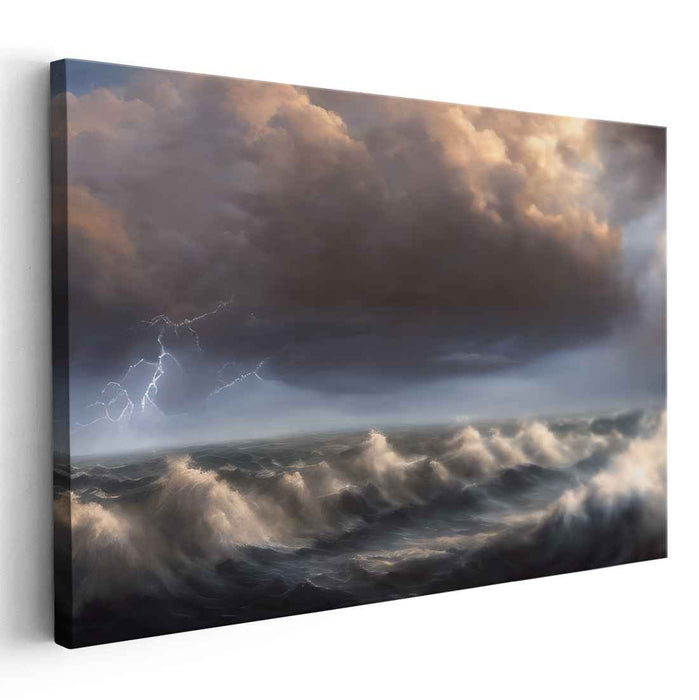 Thunderous Tides: Dramatic Ocean Waves and Thunderous Sky Canvas Art Print