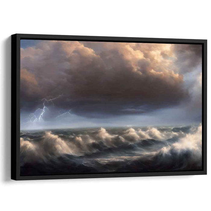 Thunderous Tides: Dramatic Ocean Waves and Thunderous Sky Canvas Art Print