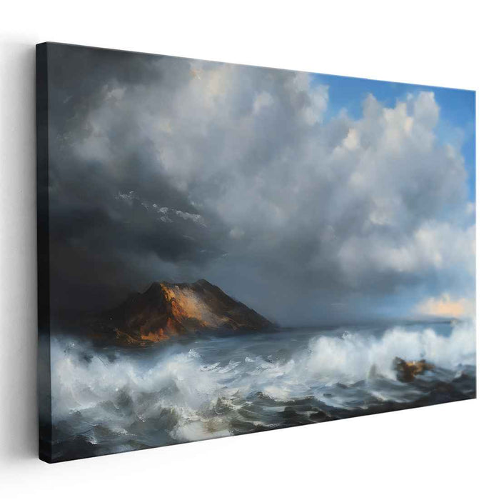 Whispers of Coastal Heights: Romantic Seascape with Rugged Mountain Canvas Art