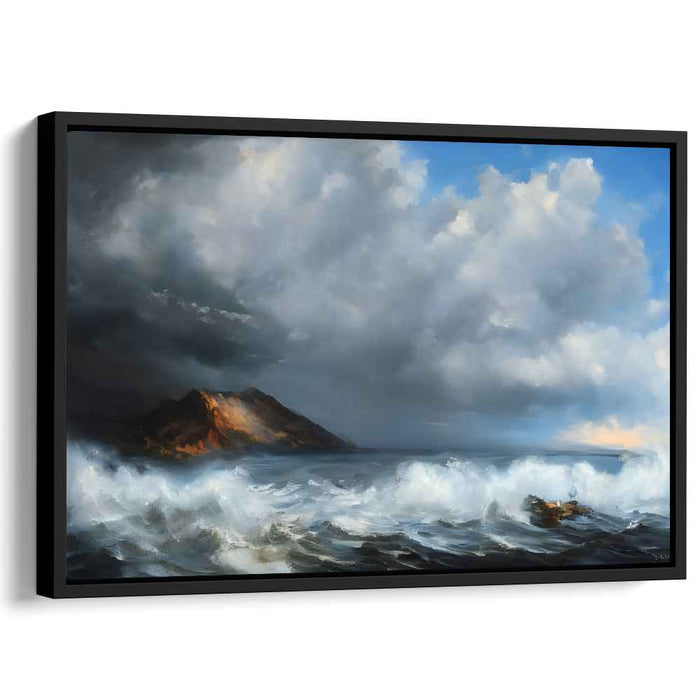 Whispers of Coastal Heights: Romantic Seascape with Rugged Mountain Canvas Art