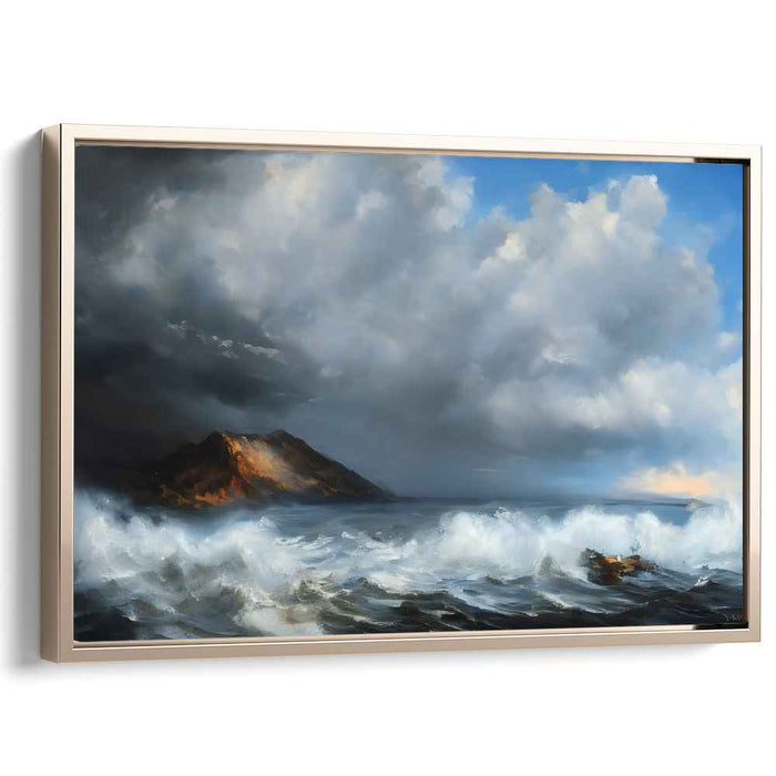 Whispers of Coastal Heights: Romantic Seascape with Rugged Mountain Canvas Art