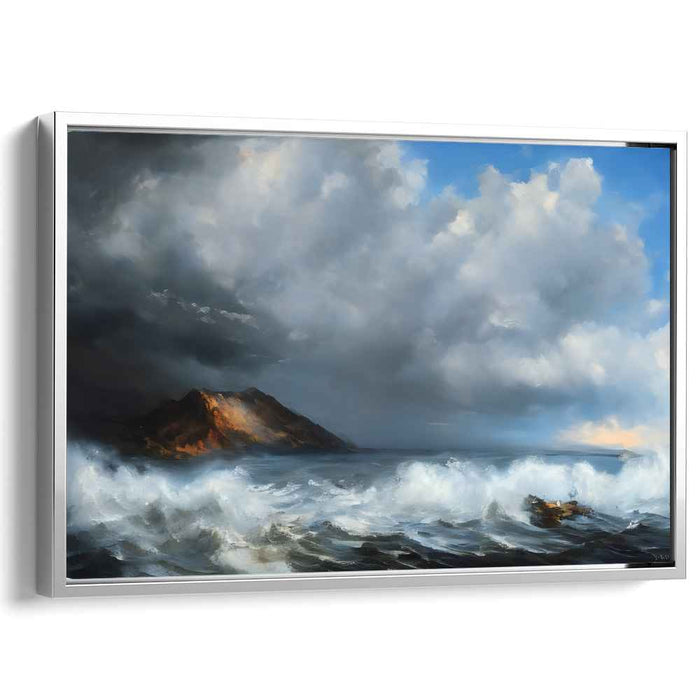 Whispers of Coastal Heights: Romantic Seascape with Rugged Mountain Canvas Art