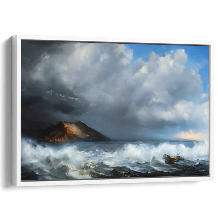 Whispers of Coastal Heights: Romantic Seascape with Rugged Mountain Canvas Art