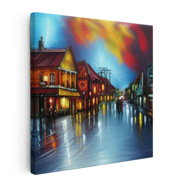 Electric Twilight: A Rainy Evening in the Town Canvas Art