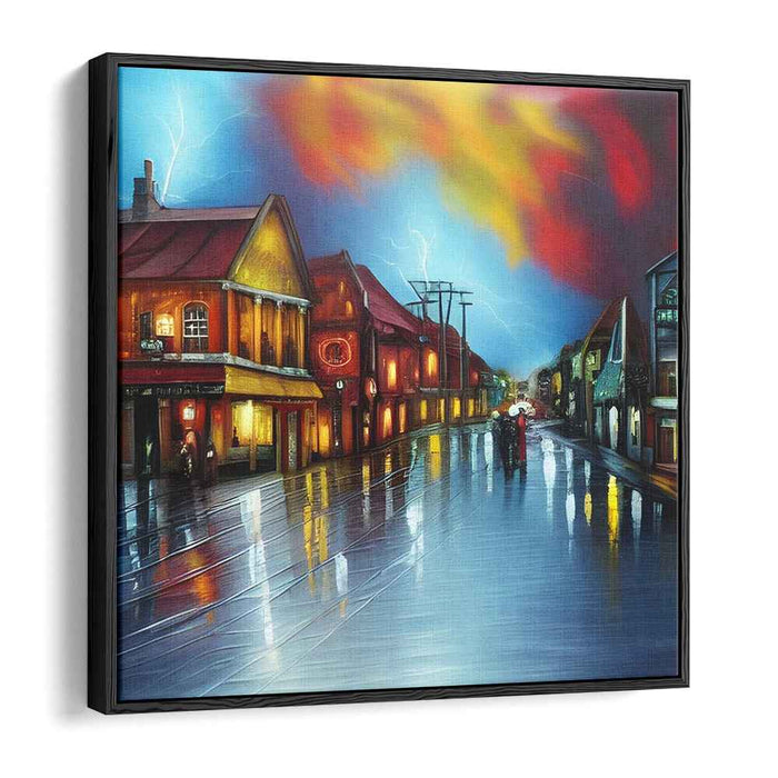 Electric Twilight: A Rainy Evening in the Town Canvas Art