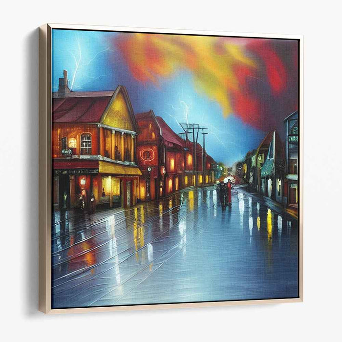 Electric Twilight: A Rainy Evening in the Town Canvas Art