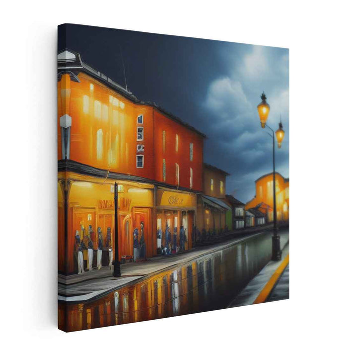 Twilight Glow on Rainy Boulevard: Atmospheric Cityscape Canvas Art