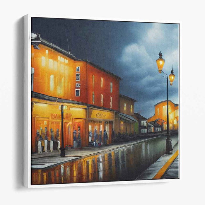 Twilight Glow on Rainy Boulevard: Atmospheric Cityscape Canvas Art
