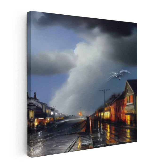 Urban Twilight Drama: Dramatic Evening Sky Over Quiet Street Canvas Art Print