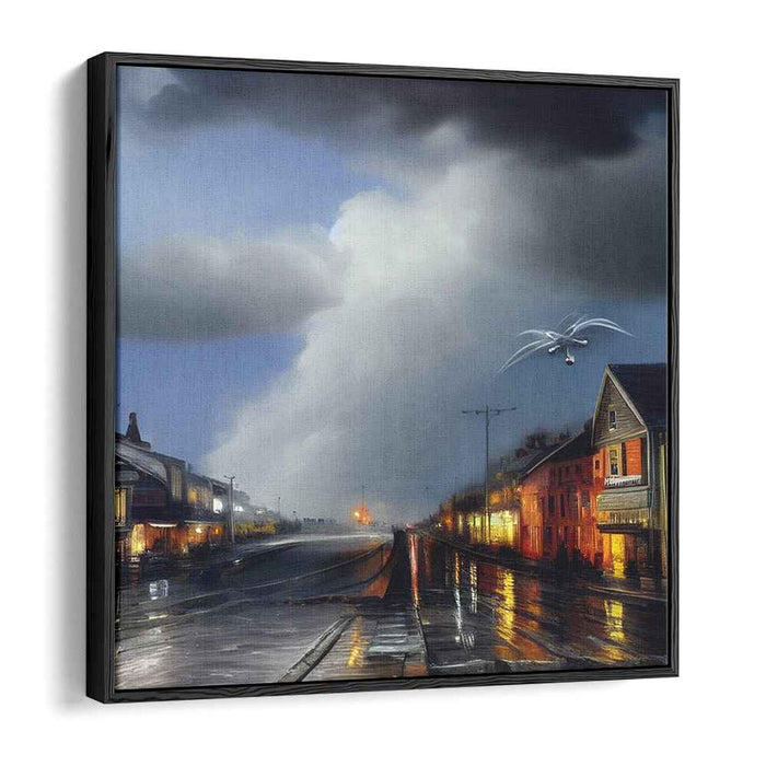 Urban Twilight Drama: Dramatic Evening Sky Over Quiet Street Canvas Art Print