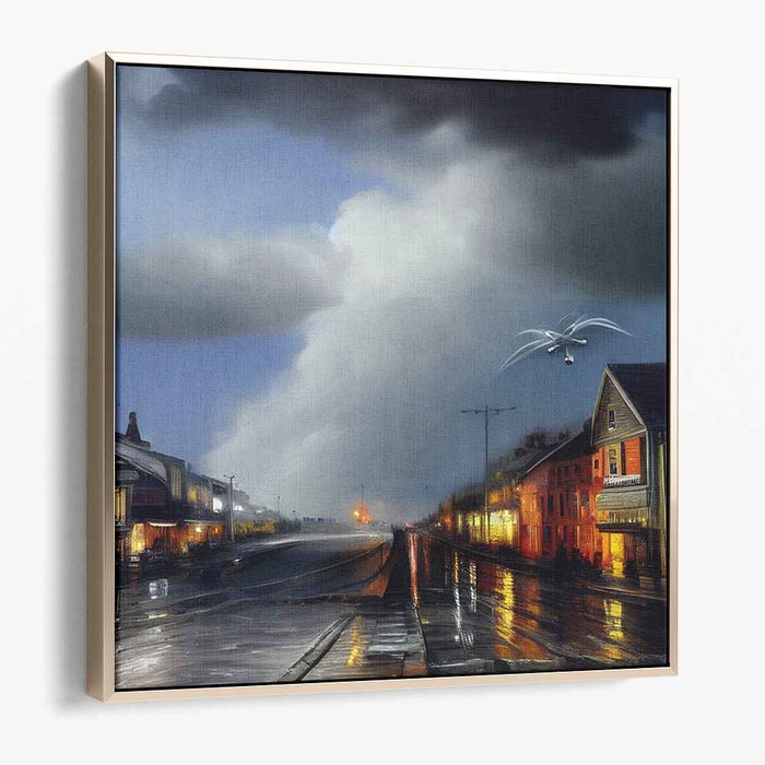 Urban Twilight Drama: Dramatic Evening Sky Over Quiet Street Canvas Art Print