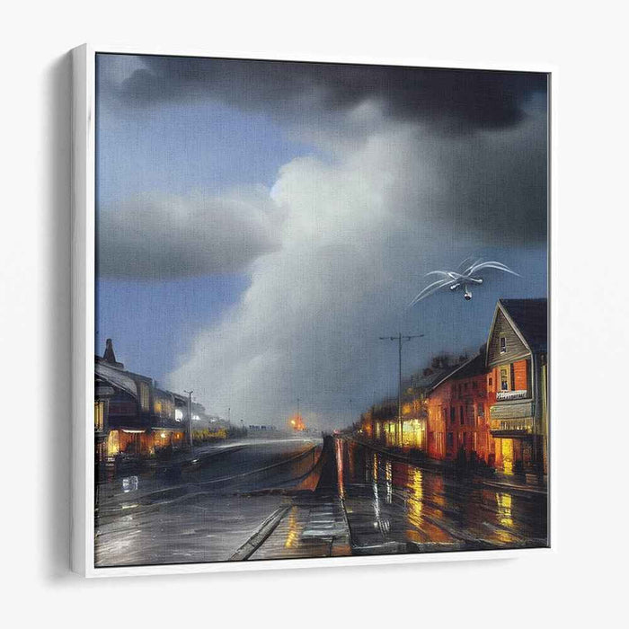 Urban Twilight Drama: Dramatic Evening Sky Over Quiet Street Canvas Art Print