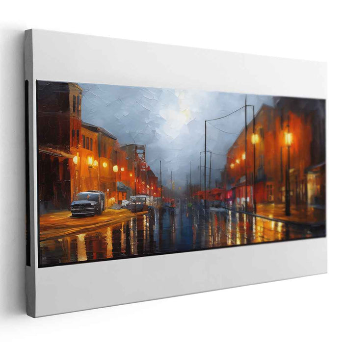 Rainy Urban Twilight: Cityscape in Luminous Reflections Canvas Art Print